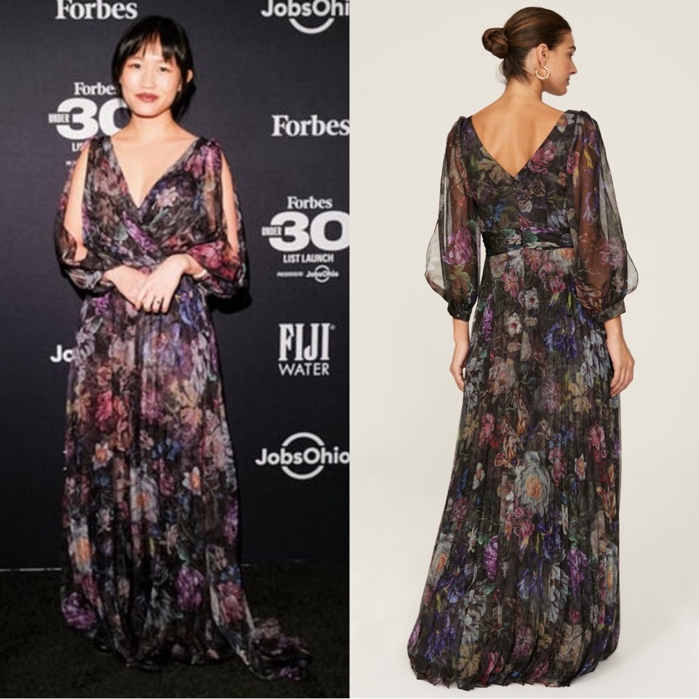 Marchesa Notte Metallic Sheer Multicolor Floral
Pleated Gown Size 12 Moody Black - Picture 2 of 13